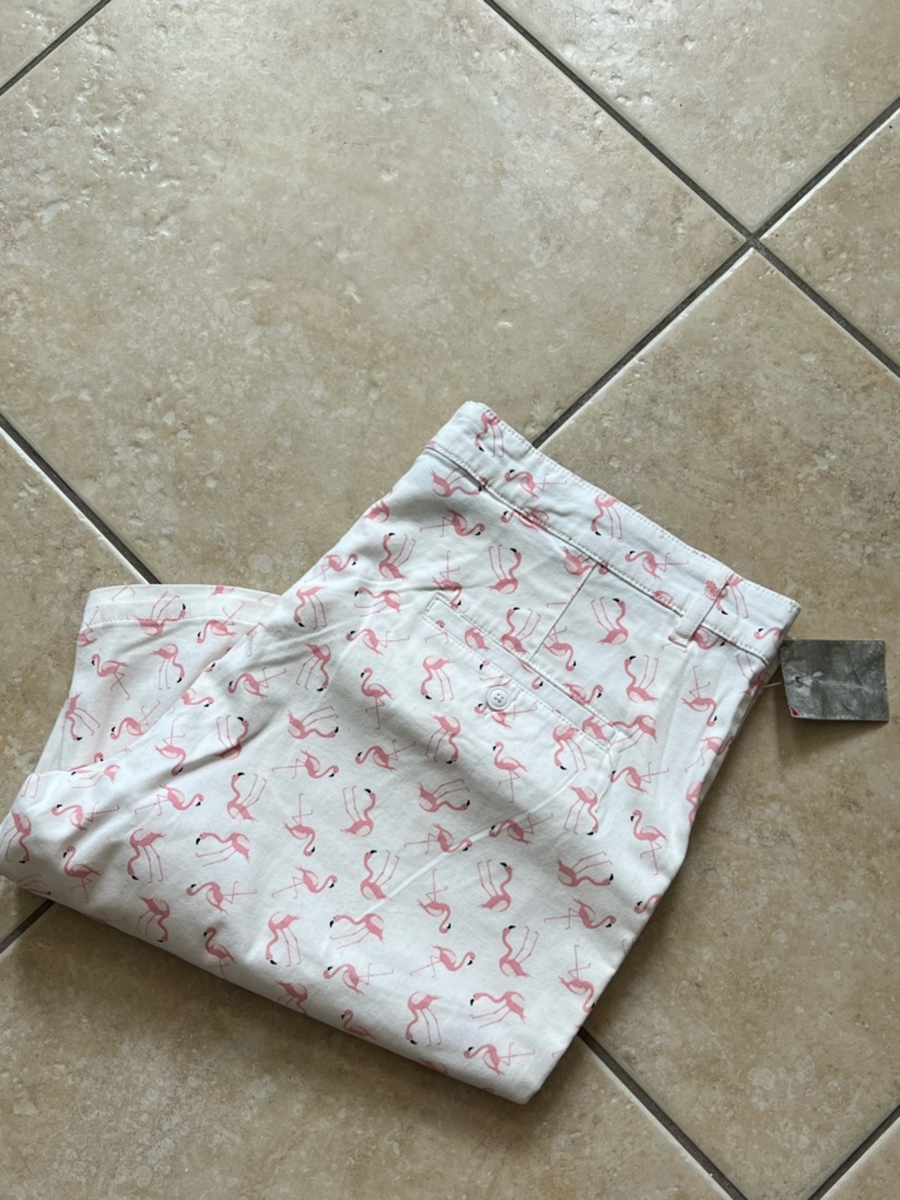 Men's White Flat Front Shorts with Pink Flamingo Print